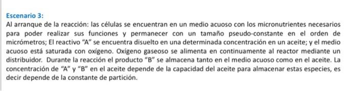 Escenario 3: Al arranque de la reacción: las células se encuentran en un medio acuoso con los micronutrientes necesarios para
