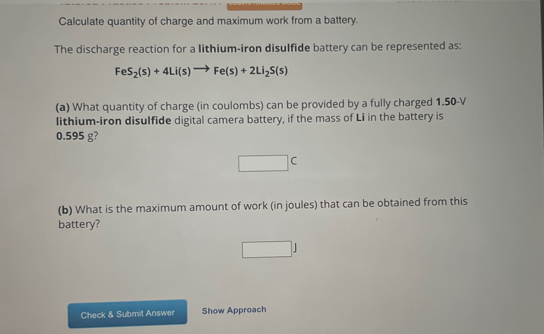 Solved Calculate quantity of charge and maximum work from a | Chegg.com