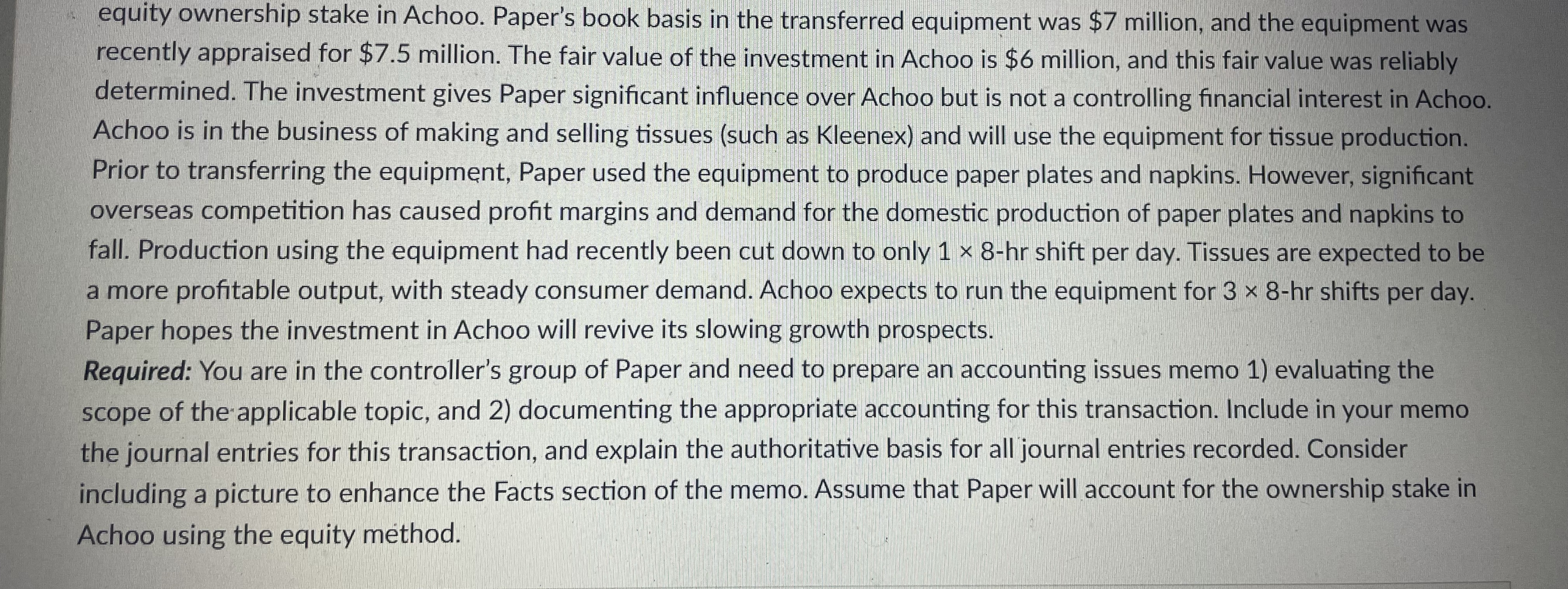 Solved equity ownership stake in Achoo. Paper's book basis | Chegg.com