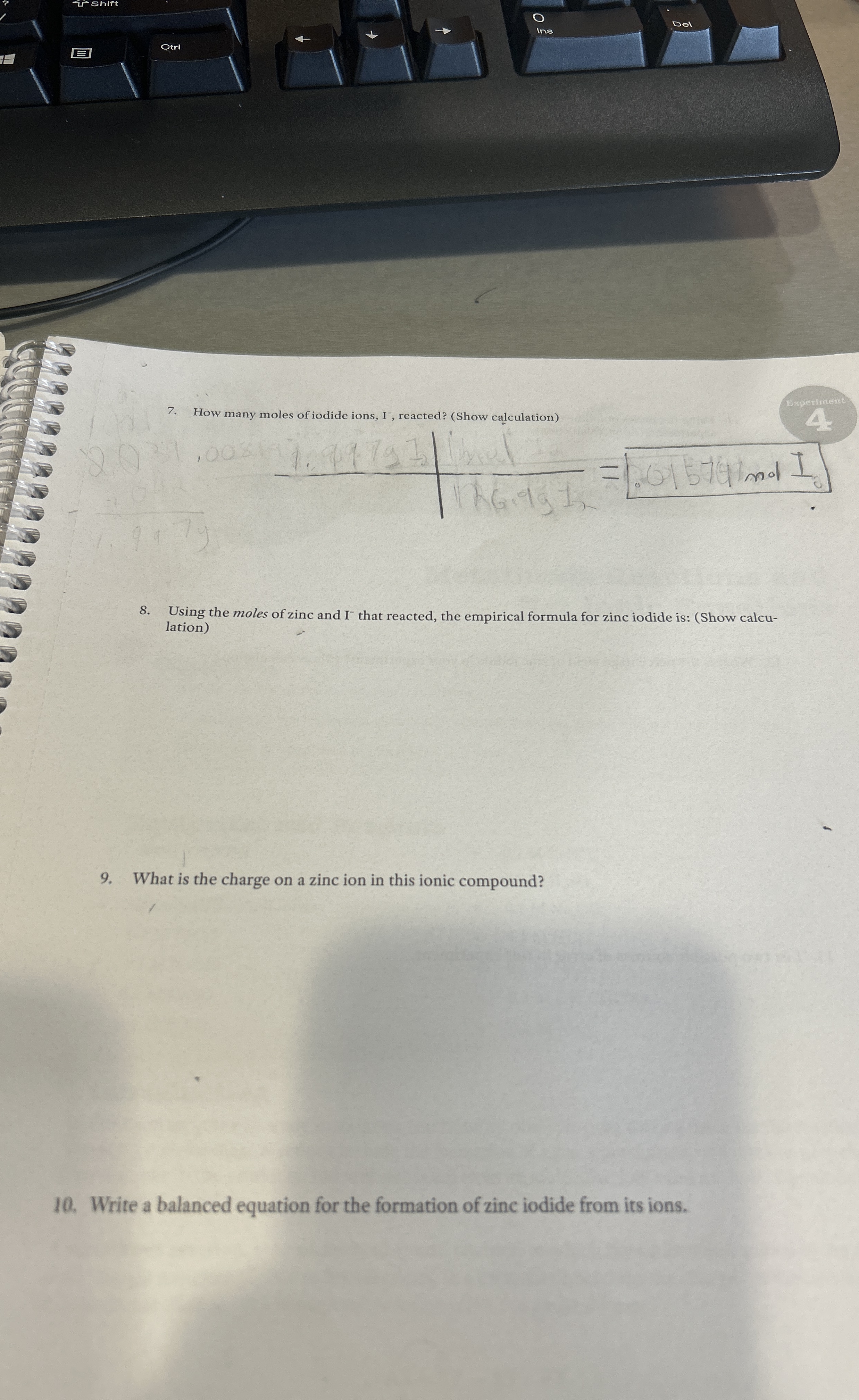 How many moles of iodide ions, I, ﻿reacted? (Show