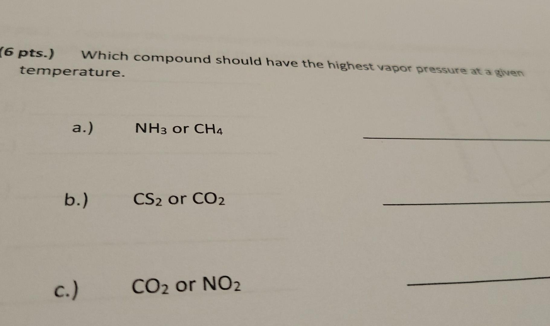 Solved (6 pts.) Which compound should have the highest vapor
