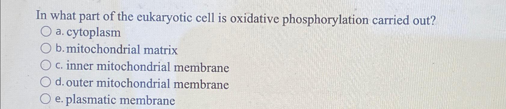 Solved In what part of the eukaryotic cell is oxidative | Chegg.com