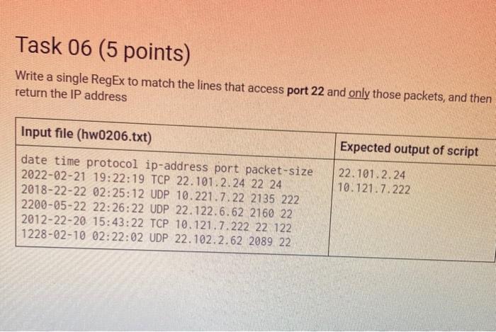 Solved Task 06 (5 points) Write a single RegEx to match the | Chegg.com