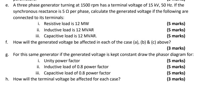 Solved e. A three phase generator turning at 1500 rpm has a | Chegg.com