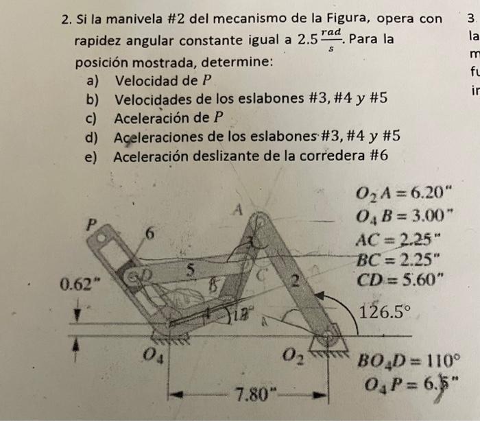 2. Si la manivela \#2 del mecanismo de la Figura, opera con rapidez angular constante igual a \( 2.5 \frac{\mathrm{rad}}{\mat