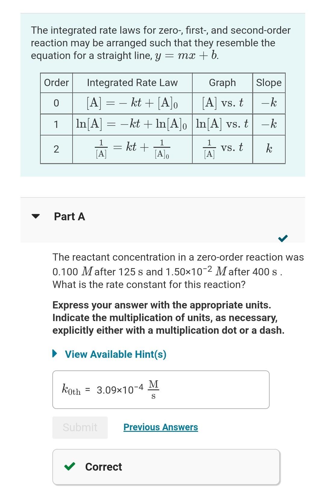 Solved The integrated rate laws for zero-, first-, and | Chegg.com