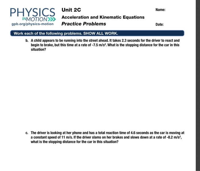 Solved Name: Unit 2C PHYSICS INMOTION>>> Acceleration and | Chegg.com