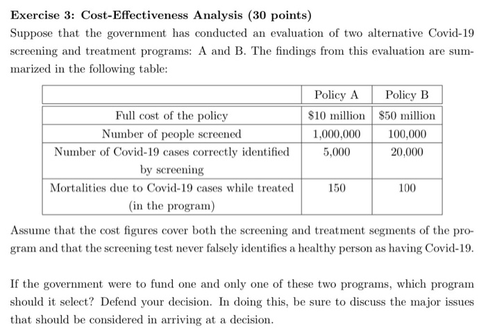 Solved Exercise 3: Cost-Effectiveness Analysis (30 Points) | Chegg.com