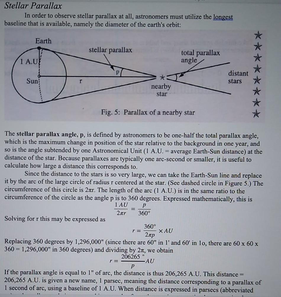 Solved Stellar Parallax In order to observe stellar parallax | Chegg.com