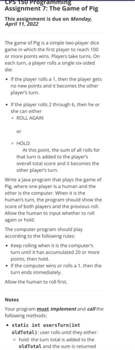 Solved CPS 150 Programming Assignment 7: The Game of Pig | Chegg.com