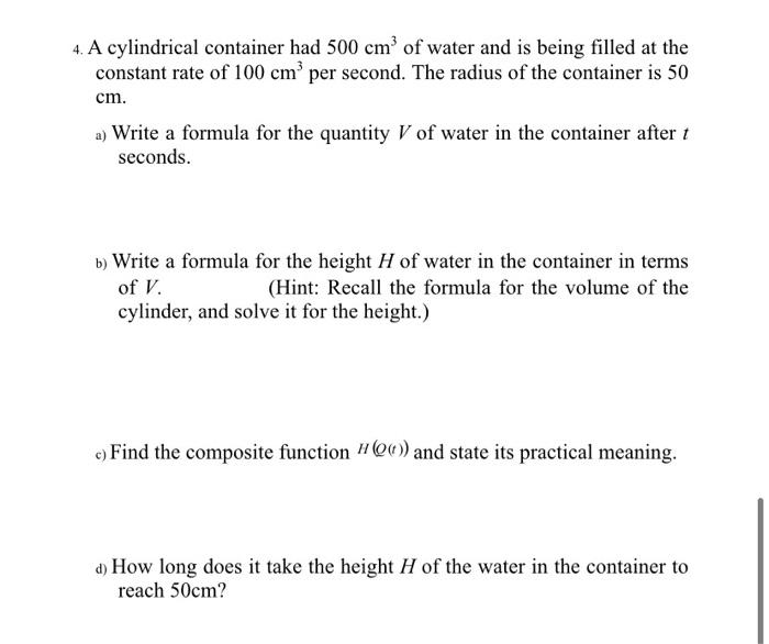 Solved 4 A Cylindrical Container Had 500 Cm Of Water And Chegg Com