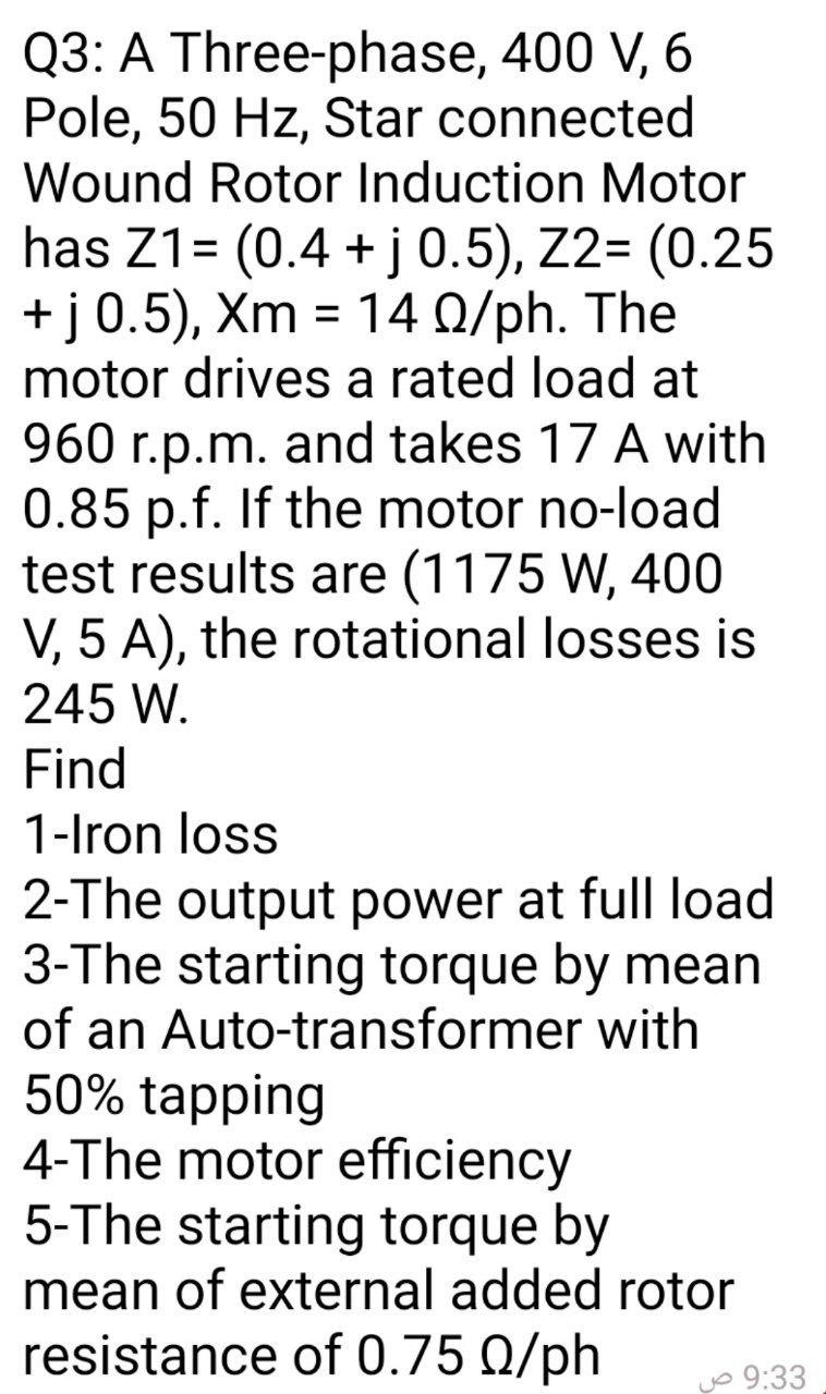 Solved Q3: A Three-phase, 400 V, 6 Pole, 50 Hz, Star | Chegg.com