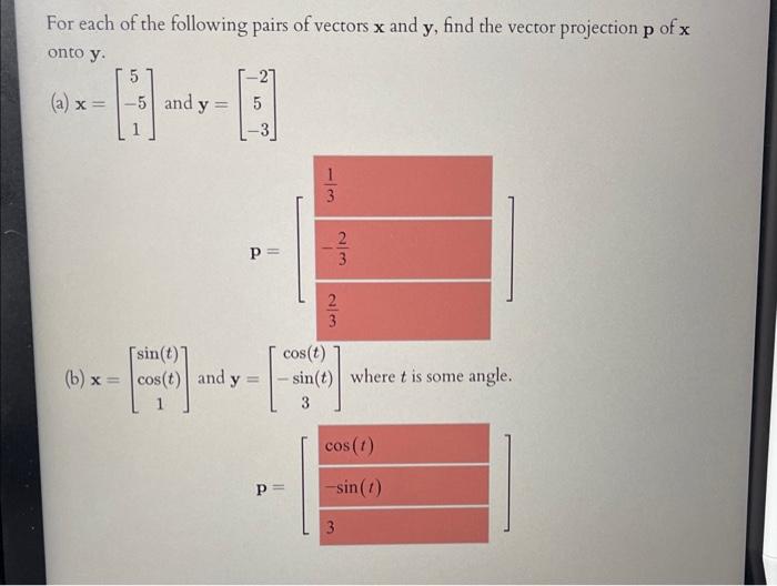 Solved For each of the following pairs of vectors x and y, | Chegg.com