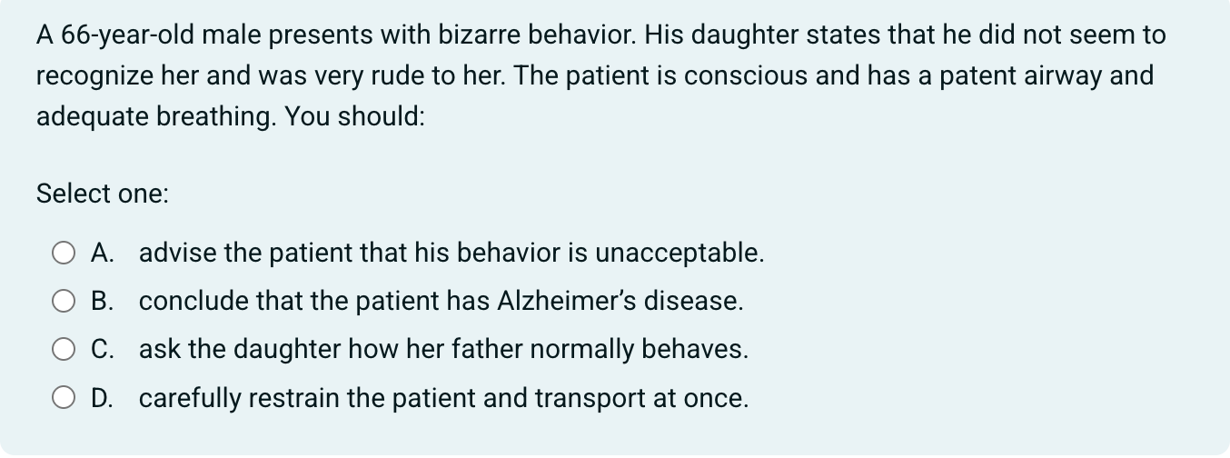 Bizarre Behavior Machine Solved A 66-year-old male presents with bizarre behavior. | Chegg.com