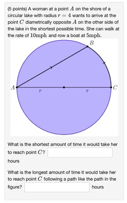 Solved (5 points) A woman at a point A on the shore of a | Chegg.com