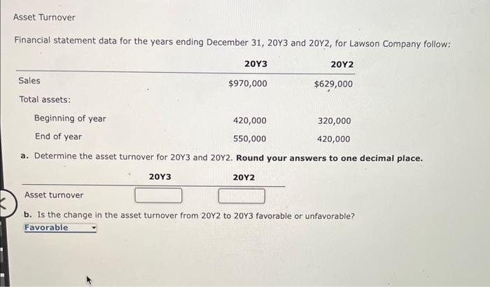 Asset Turnover
Financial statement data for the years ending December 31, 20Y3 and 20Y2, for Lawson Company follow:
a. Determ