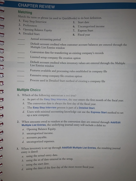 Solved Quickbooks 2019 chapter 12 Match the term or phrase