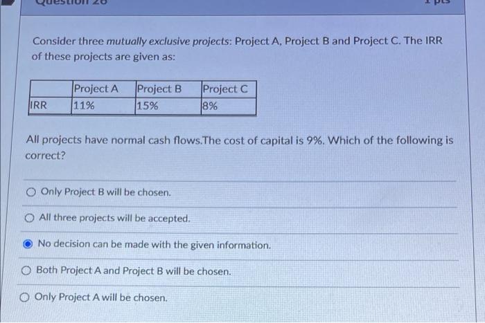 Solved Consider Three Mutually Exclusive Projects: Project | Chegg.com