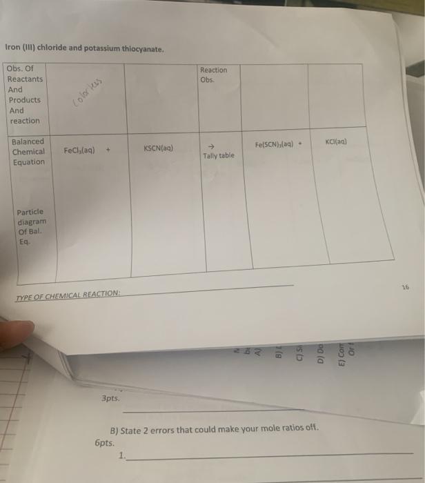 Solved Iron (Ill) chloride and potassium thiocyanate.