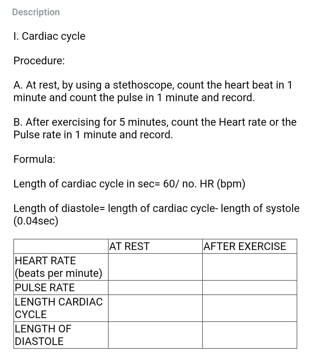 Solved Description 1 Cardiac Cycle Procedure A At Rest