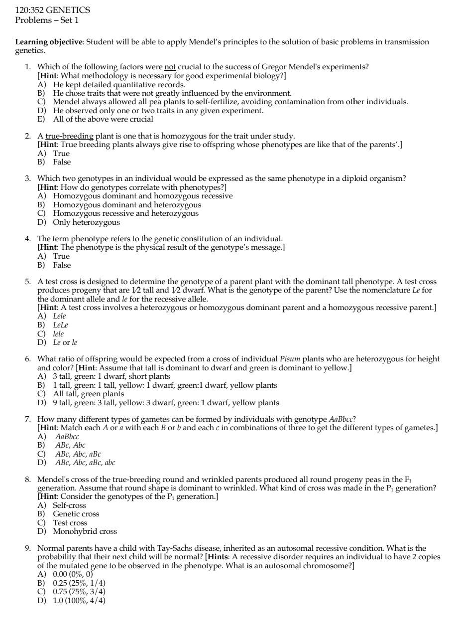 Solved 120:352 GENETICS Problems - Set 1 Learning objective: | Chegg.com