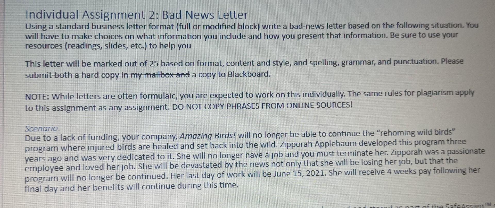 bad news letter assignment