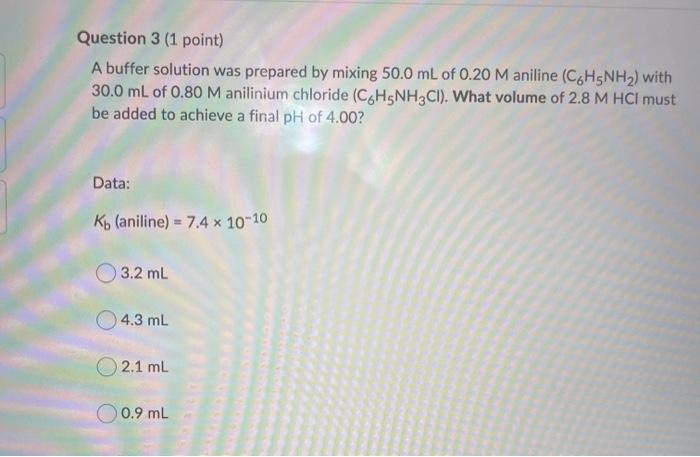 Solved Question 3 (1 point) A buffer solution was prepared | Chegg.com