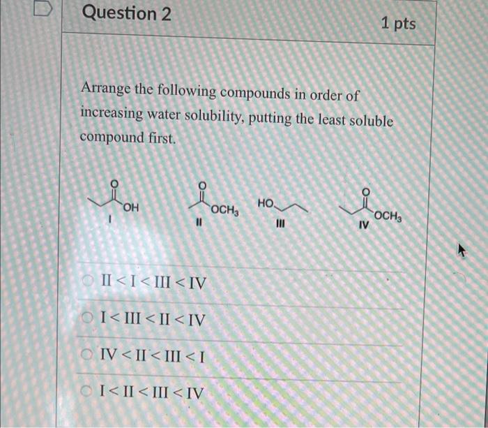 Solved Question 2 1 pts Arrange the following compounds in | Chegg.com