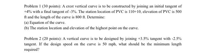 Solved Problem 1 (30 points): A crest vertical curve is to | Chegg.com