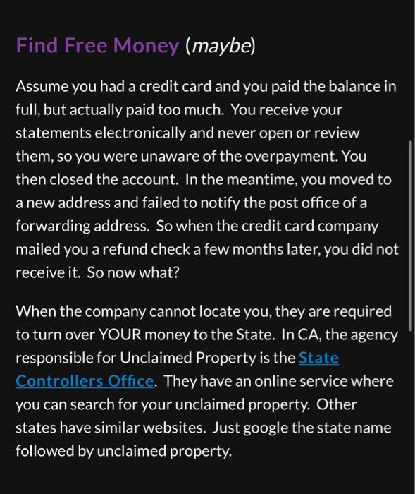 Solved Find Free Money (maybe) Assume You Had A Credit Card | Chegg.com