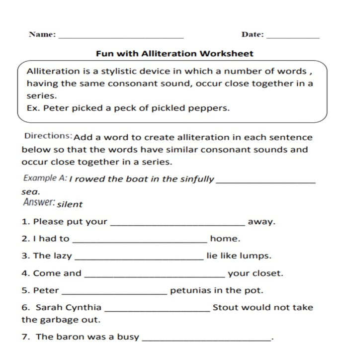 Creating Alliterative Phrases Worksheet Answer Key