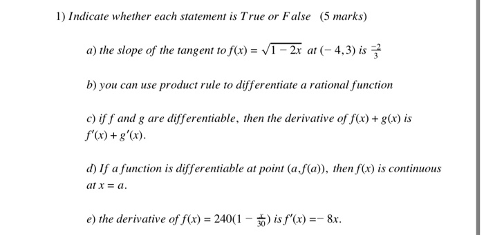 Solved 1) Indicate whether each statement is True or False | Chegg.com