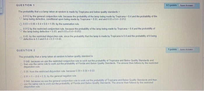 QUESTION 1 0.5 points Save As The probability that a | Chegg.com