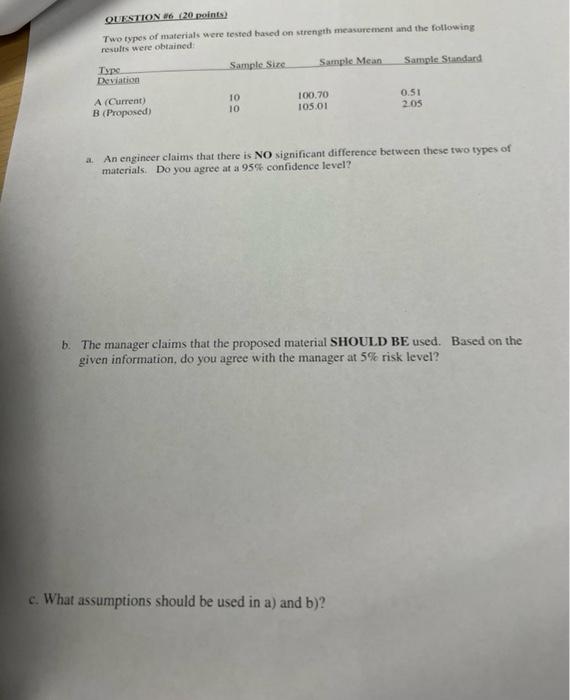 QUESTION to \( (20 \) points \( ) \)
Twe types of materials were tesed haved on strength meavurement and the following manuft