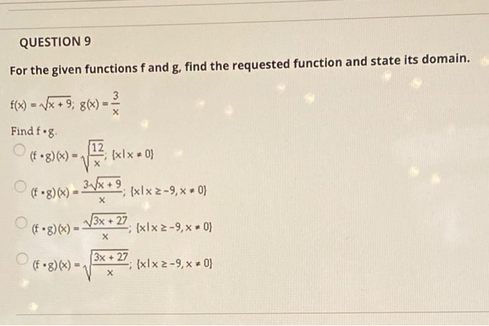 Solved QUESTION 9 For the given functions fand g, find the | Chegg.com