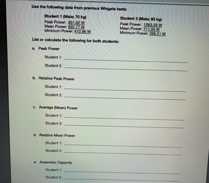 Solved Use the following data from previous Wingate tests: | Chegg.com