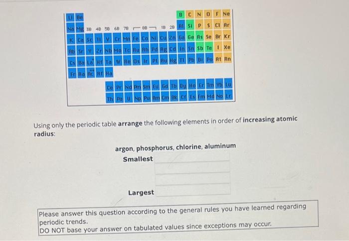 Solved Using only the periodic table arrange the following | Chegg.com