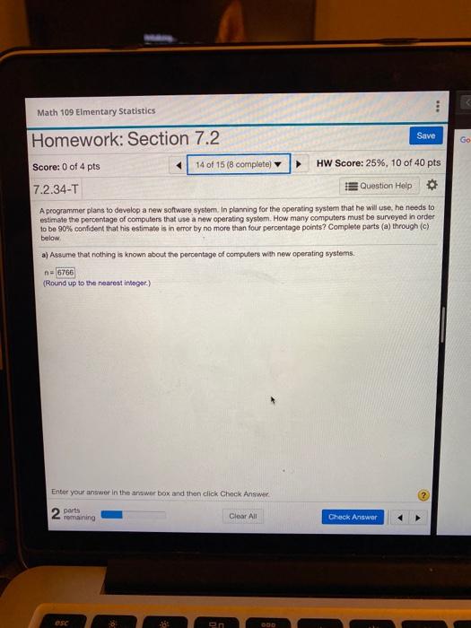 Solved Math 109 Elmentary Statistics Homework: Section 7.2 | Chegg.com