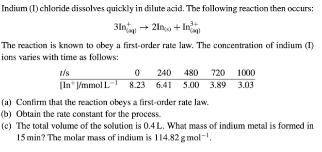 Solved Indium (I) ﻿chloride dissolves quickly in dilute | Chegg.com