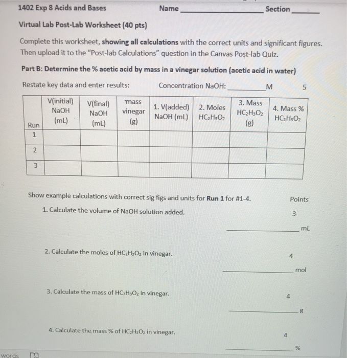 1402 Exp 8 Acids And Bases Name Section Virtual Lab Chegg 