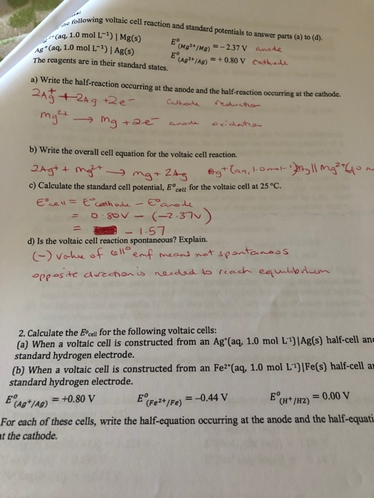 Solved Following Voltaic Cell Reaction And Standard Poten Chegg Com