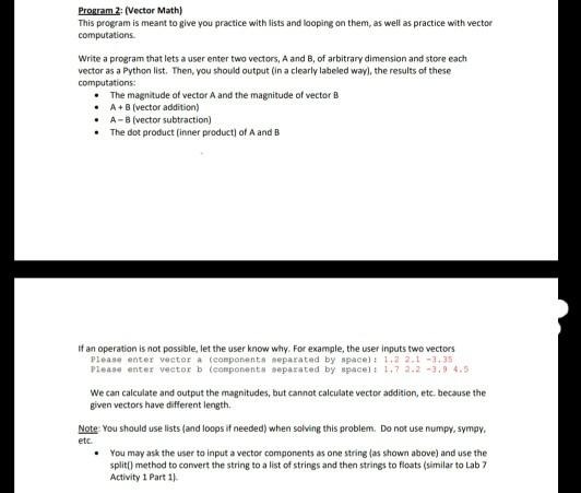 Solved Program 2: (Vector Math) This program is meant to | Chegg.com