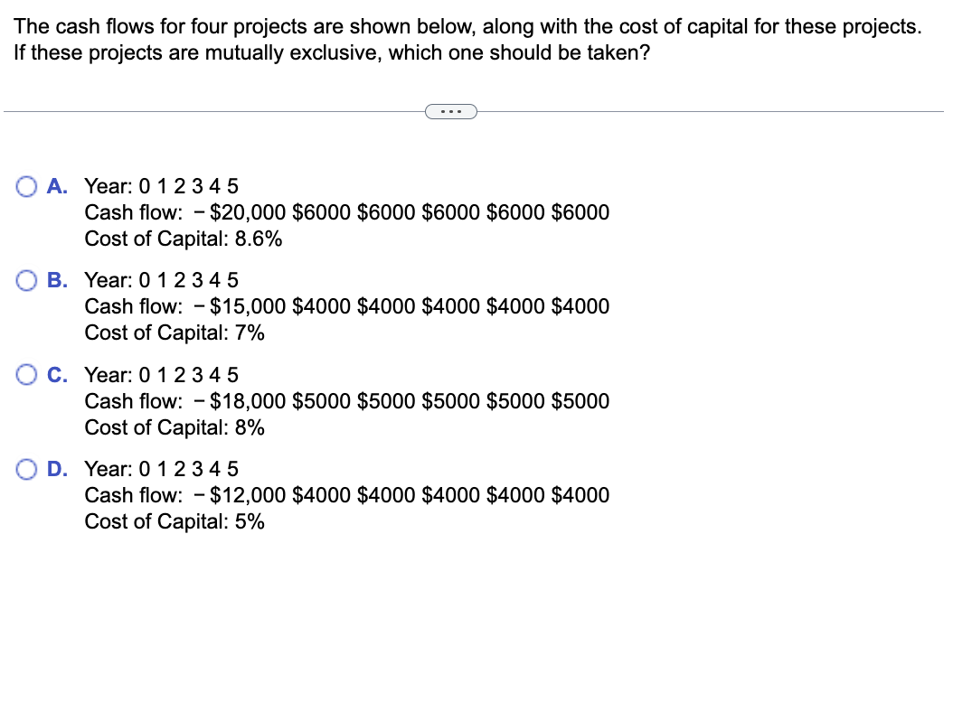 Solved The cash flows for four projects are shown below, | Chegg.com