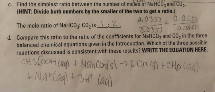 calculate the experimental mole ratio of nacl to nahco3