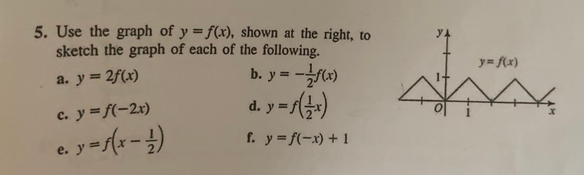 5. Use the graph of \( y=f(x) \), shown at the right, to sketch the graph of each of the following. a. \( y=2 f(x) \) b. \( y