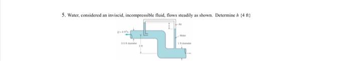 5. Water, considered an inviscid, incompressible fluid, flows steadily as shown. Determine \( h\{4 \mathrm{ft}\} \)