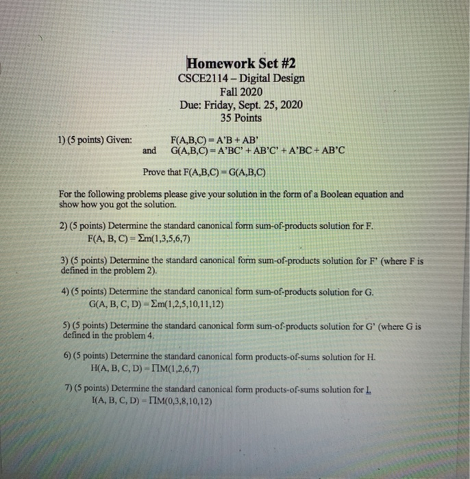 Solved Homework Set #2 CSCE2114 - Digital Design Fall 2020 | Chegg.com