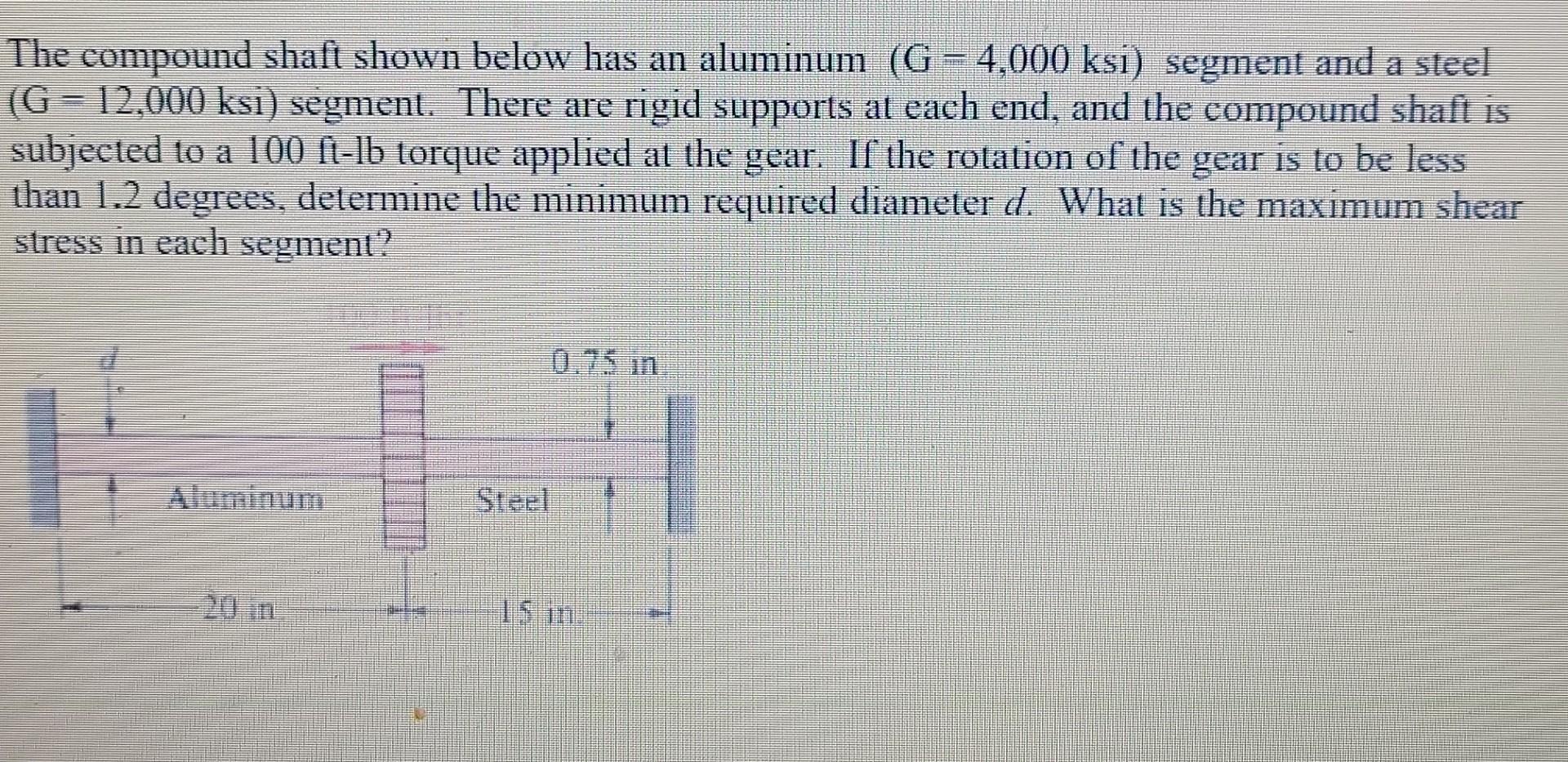 The compound shaft shown below has an aluminum (G-4,000 ksi) segment and a steel
(G-12,000 ksi) segment. There are rigid supp