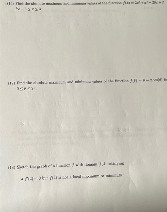 Solved (16) Find the absolute maximum and minimum values of | Chegg.com