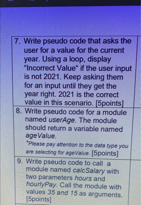 Solved PSEUDO CODE QUESTIONS. WRITE PSEUDOC 6. Write pseudo | Chegg.com